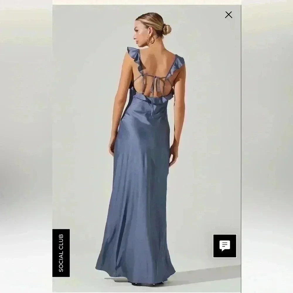 ASTR the Label BRYNA RUFFLE STRAP SATIN MAXI DRESS SZ XS slate blue - Picture 3 of 8